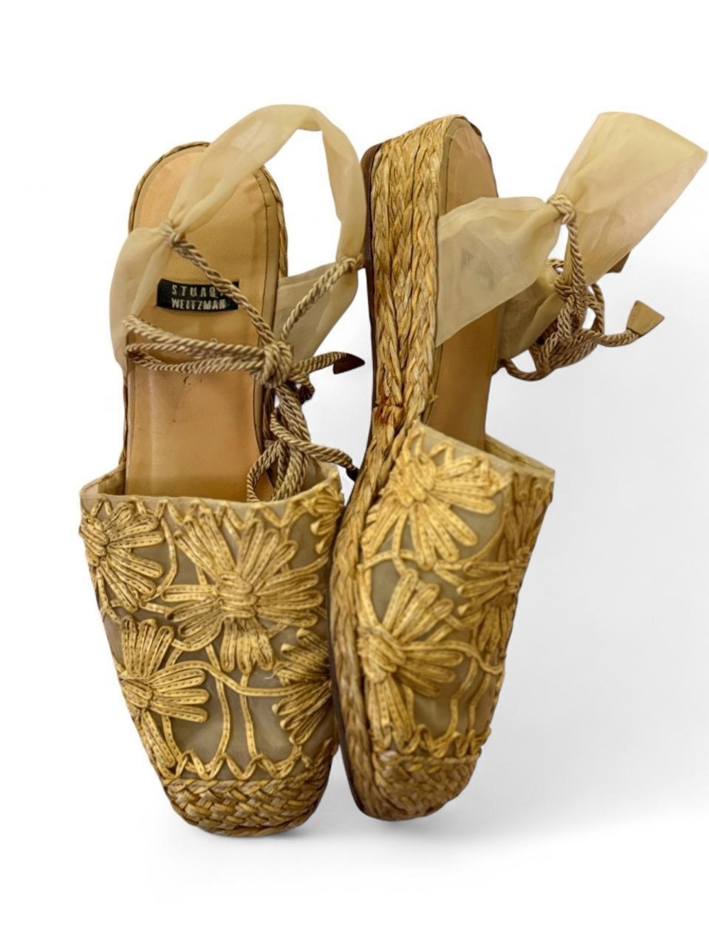 Stuart Weitzman Gold Embroidered Floral Espadrille Wedges with Ribbon Ties